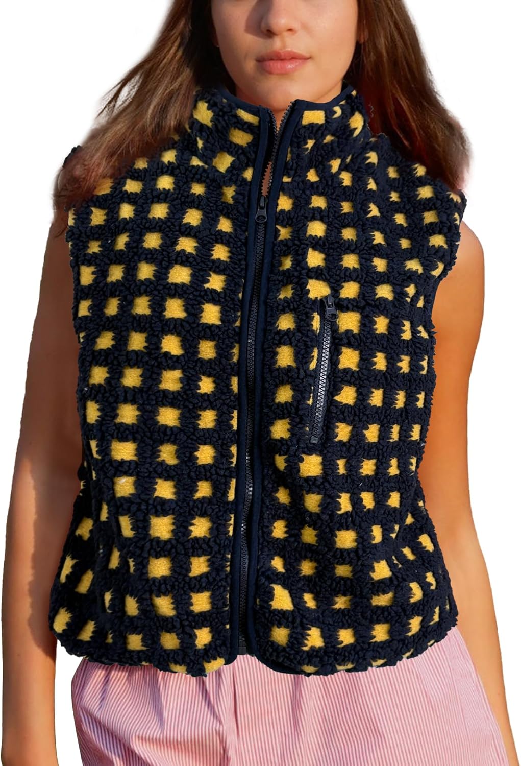 Womens Checkered Sherpa Vest Sleeveless Winter Fleece Jacket