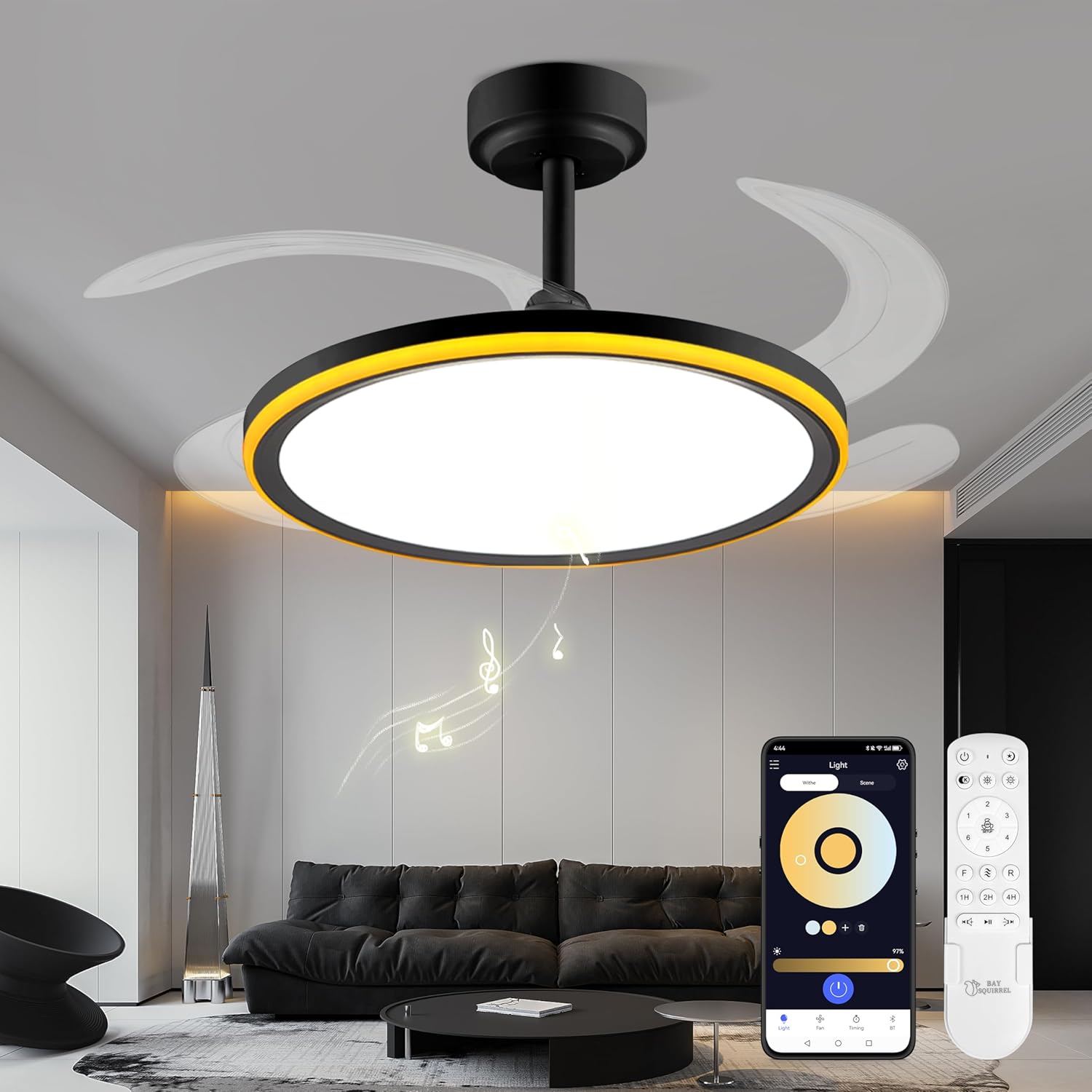BAYSQUIRREL Slim Retractable Ceiling Fan with Light and APP Control