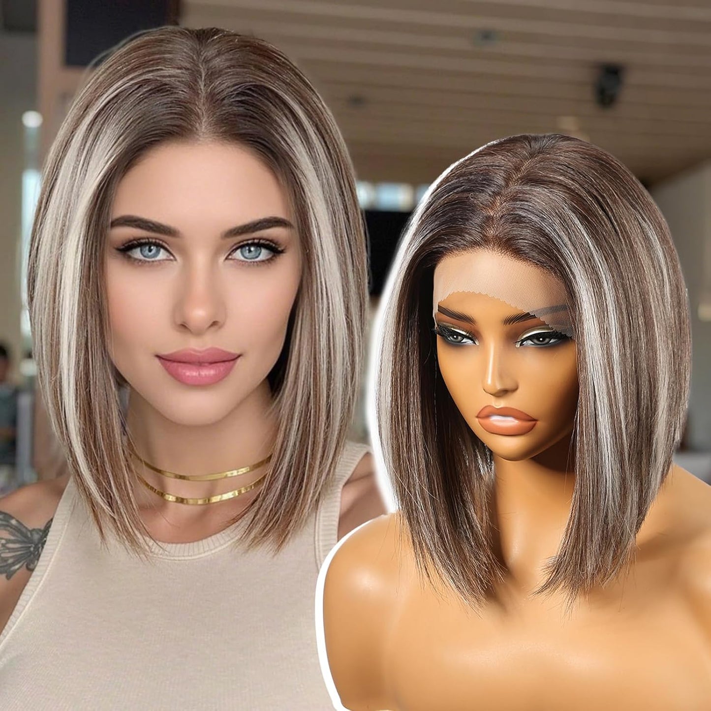 Ash Brown Synthetic Lace Front Wig for Daily Use 10in Style