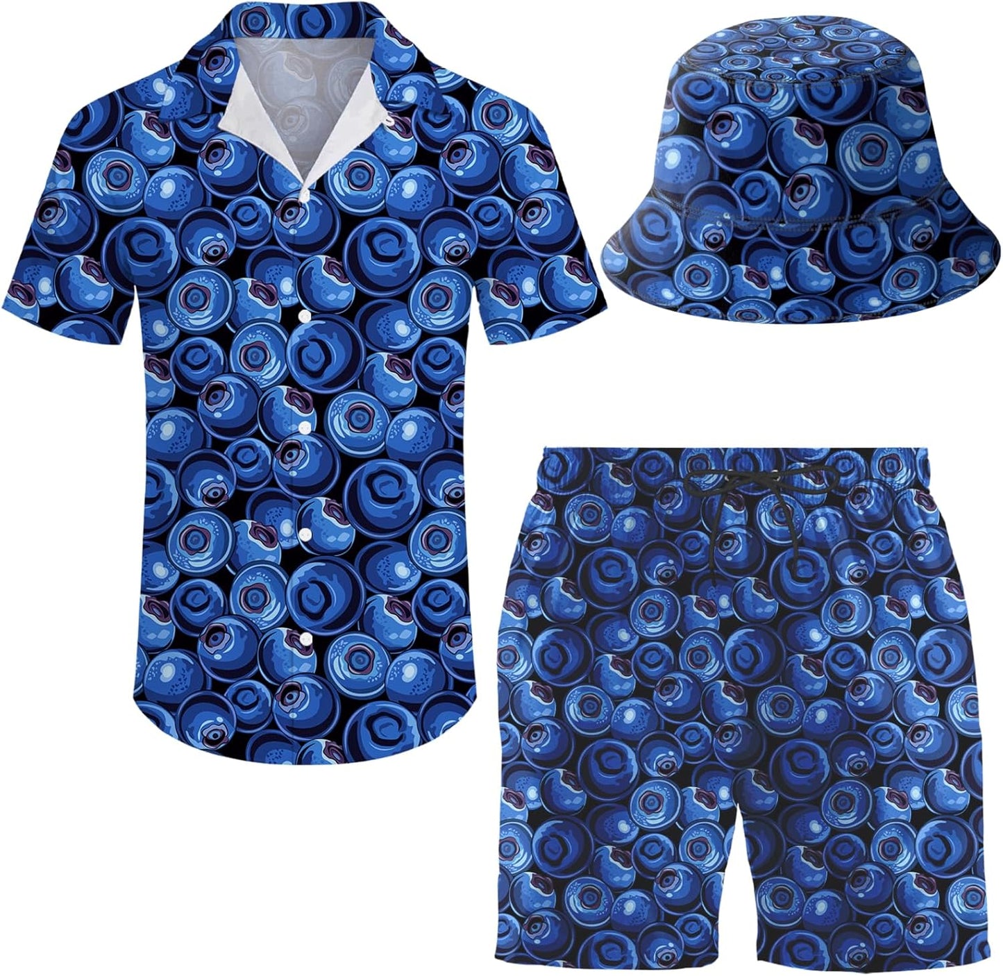 Men's Hawaiian Shirt and Shorts Set with Bucket Hat for Summer
