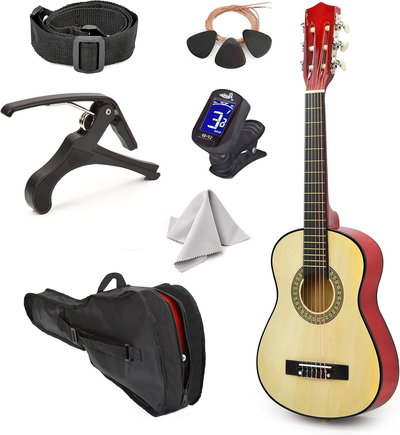 30 Left Handed Natural Wood Guitar for Kids with Accessories