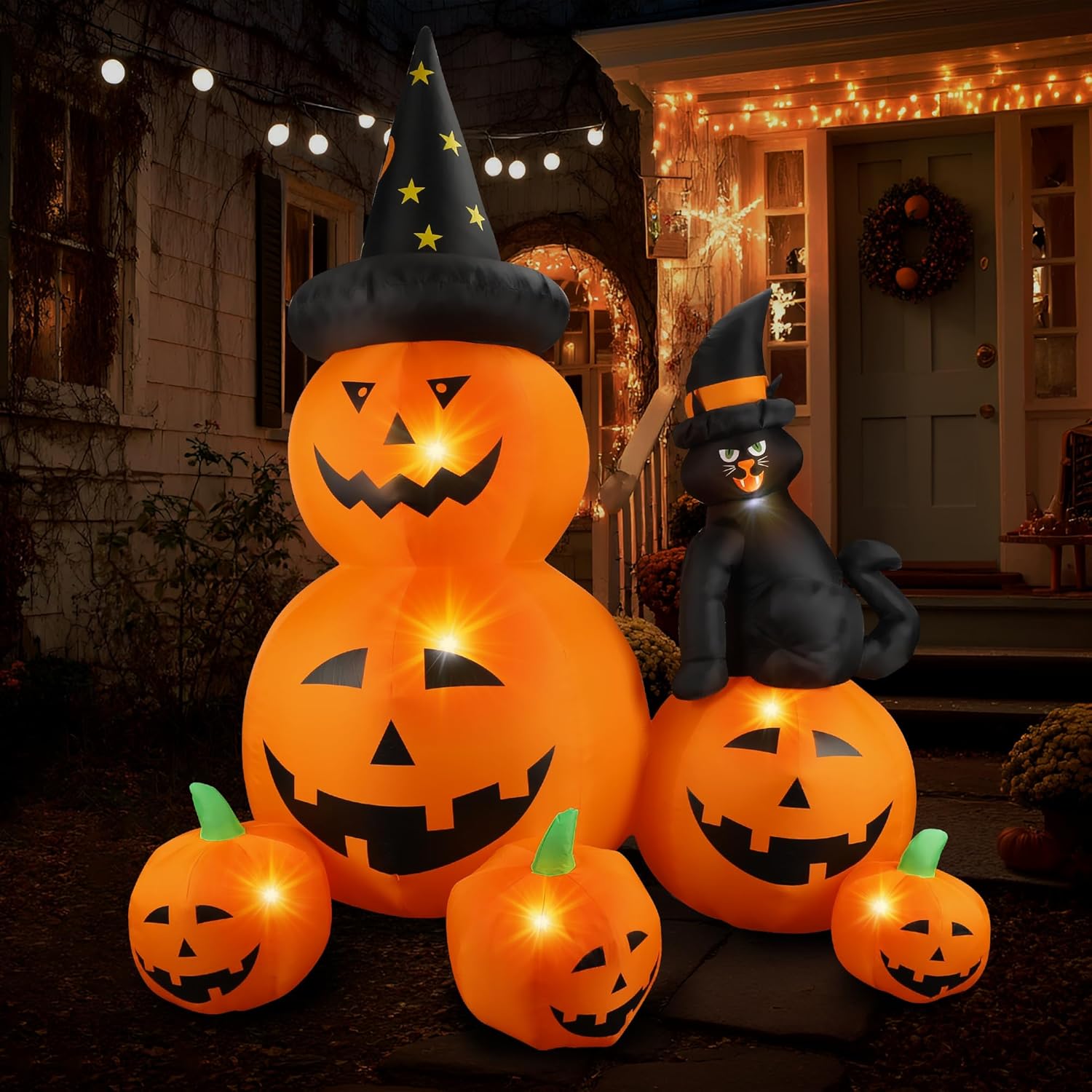 6Ft Halloween Inflatable Pumpkins Patch with Black Cat Decor