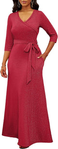 Women's Solid Color Bohemian Maxi Dress V-Neck 3/4 Sleeve