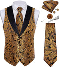 Mens Paisley Suit Vest and Necktie Set - Gold Shawl Collar Waistcoat