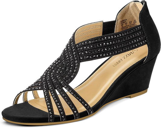 Diana Low Wedge Sandals with Rhinestones for Elegant Occasions