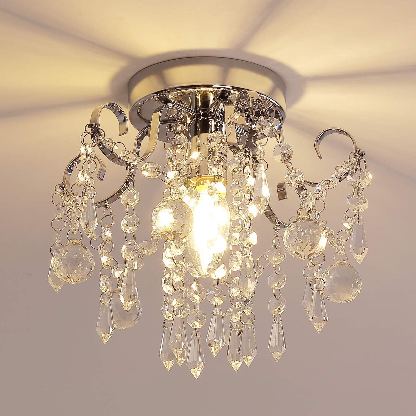 Q&S Small Crystal Chandelier Flush Mount Light for Modern Spaces