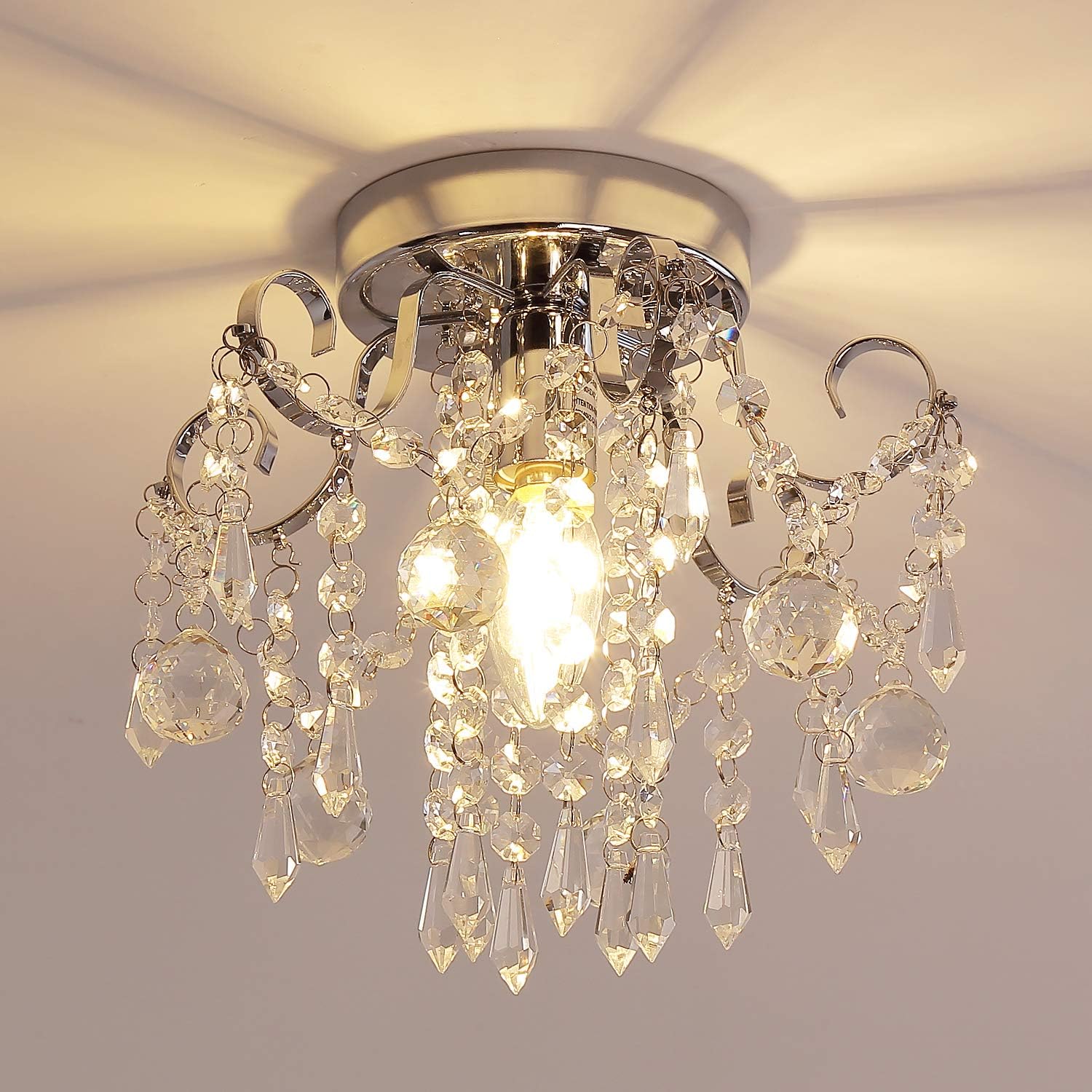 Q&S Small Crystal Chandelier Flush Mount Light for Modern Spaces