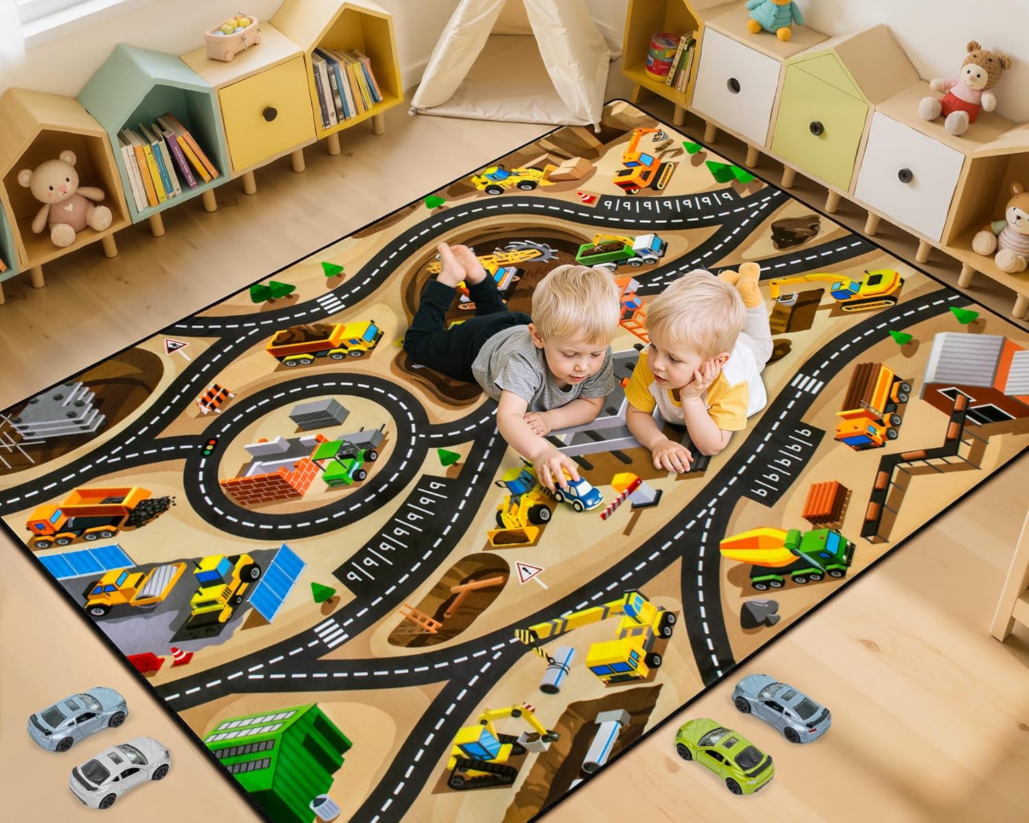 Kids 5ft x 7ft Construction Site Car Rug - Non-Slip & Washable