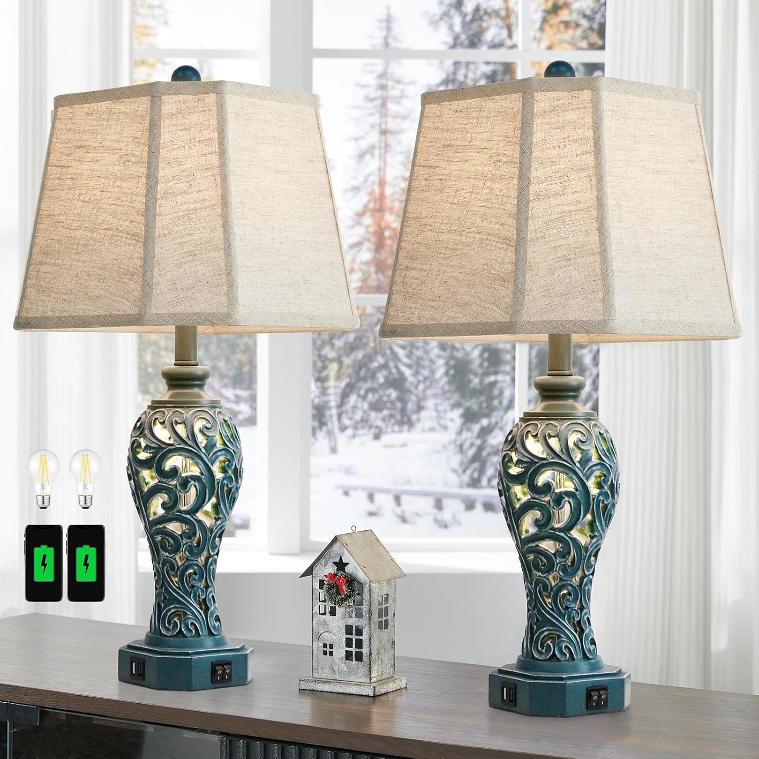 25in Farmhouse Table Lamps Set of 2 with USB Ports and Nightlight