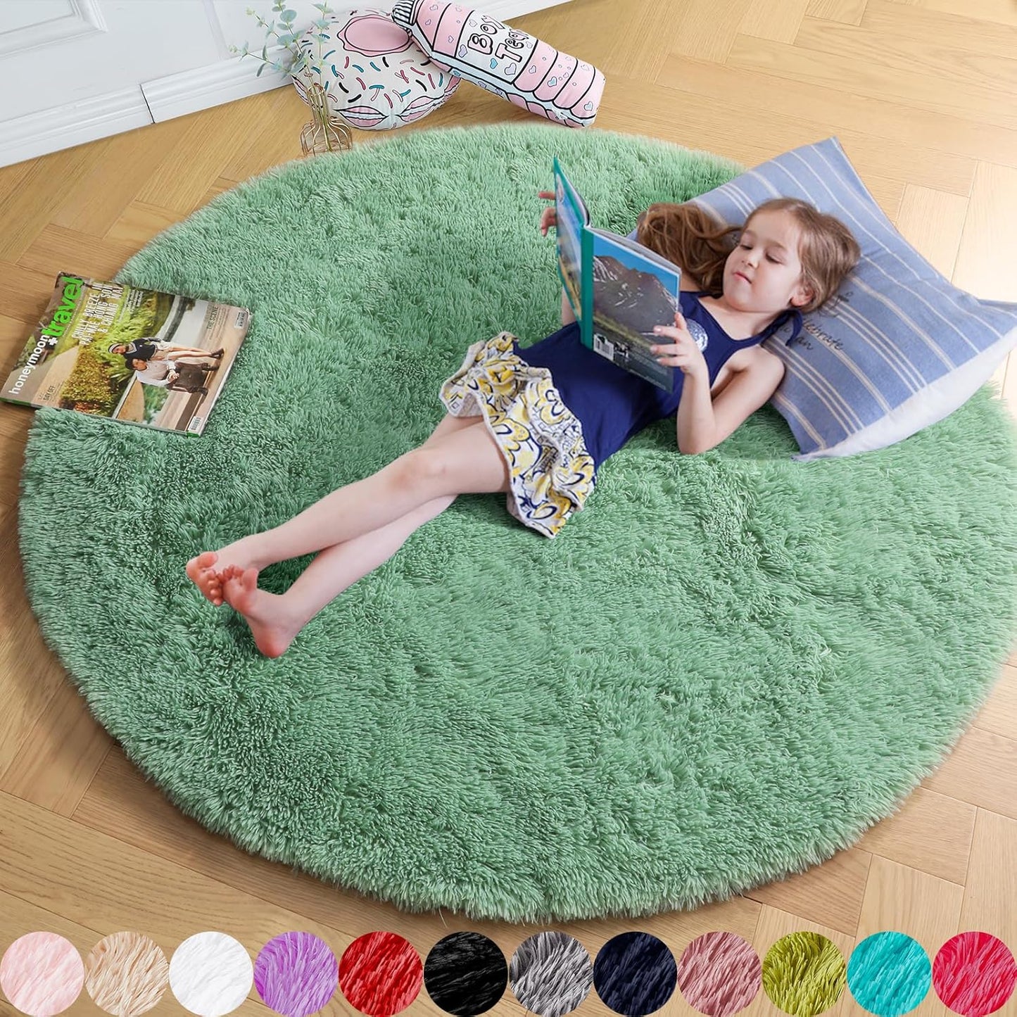Fluffy Sage Green Round Rug 6Ft for Living Room and Bedroom