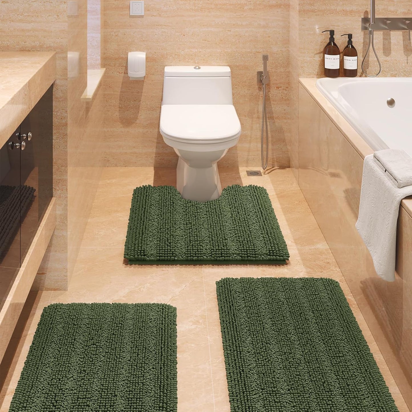 Ultra Soft Striped Oliver Green Bathroom Rug Set 3 Pieces