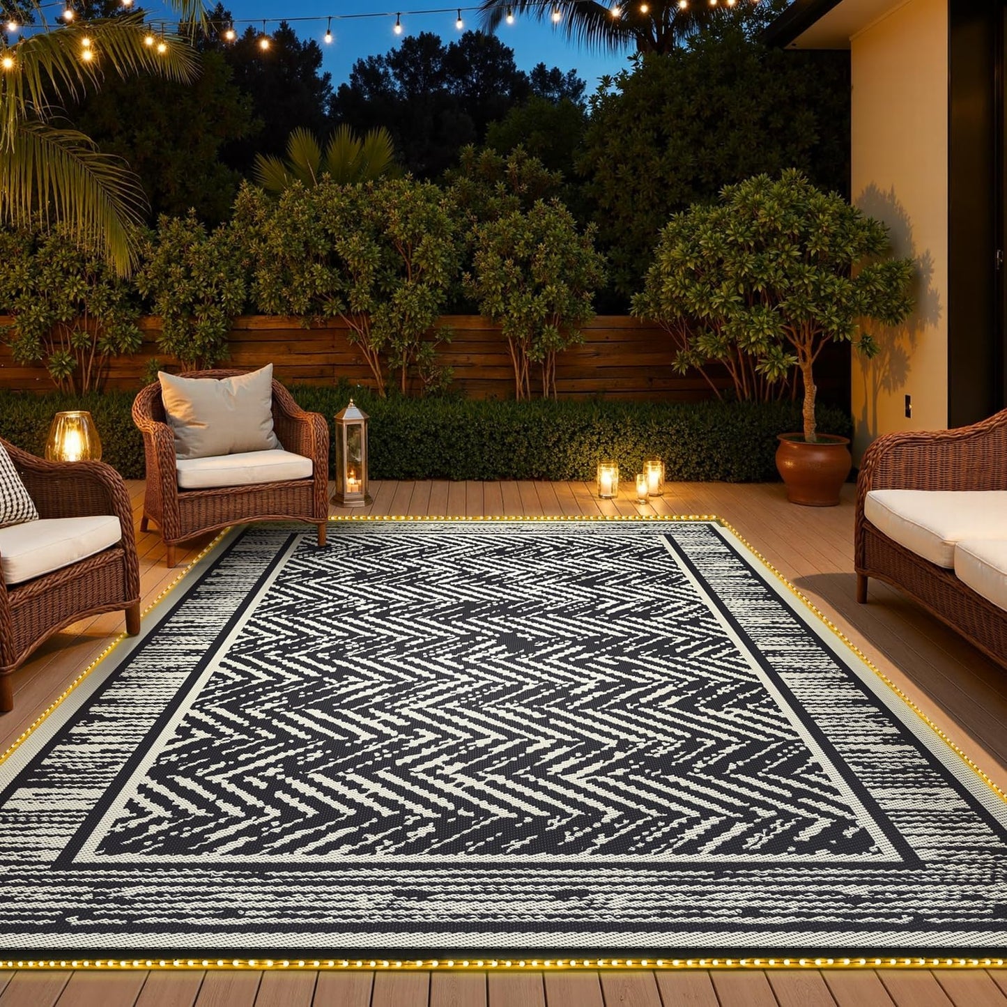 COCOER Outdoor Rug 8x10 Waterproof Patio Rug with LED Lights