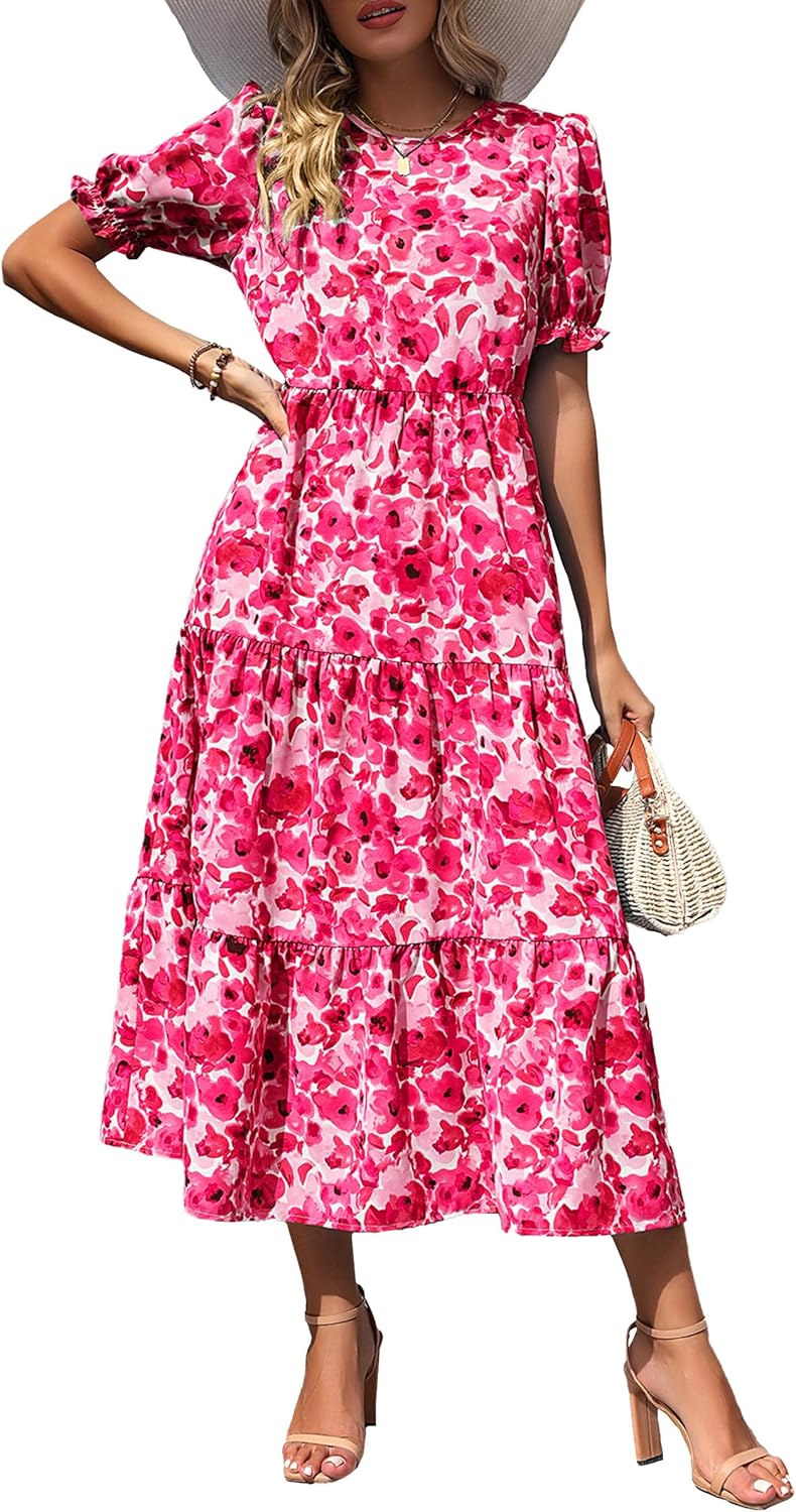 PRETTYGARDEN Summer Floral Midi Dress for Women - Boho Style