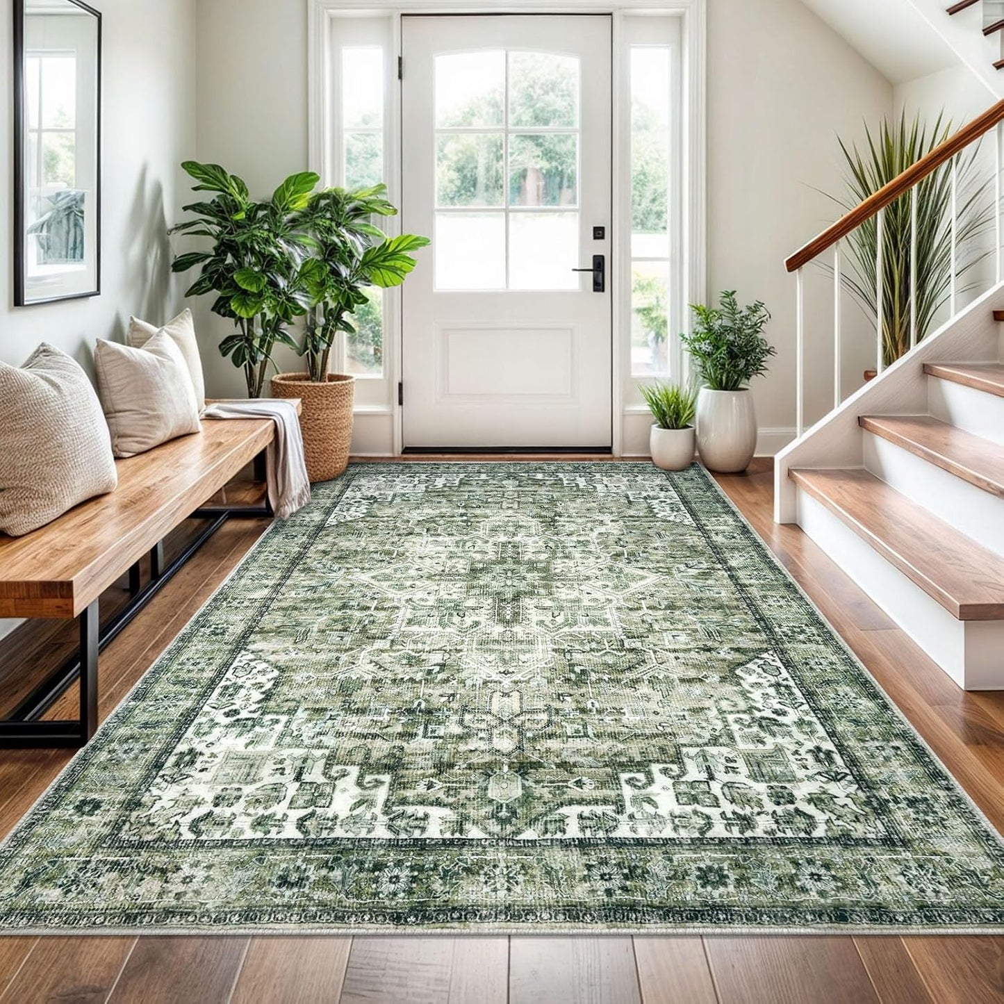 4x6 Sage Green Washable Rug for Entryway and Kitchen Use