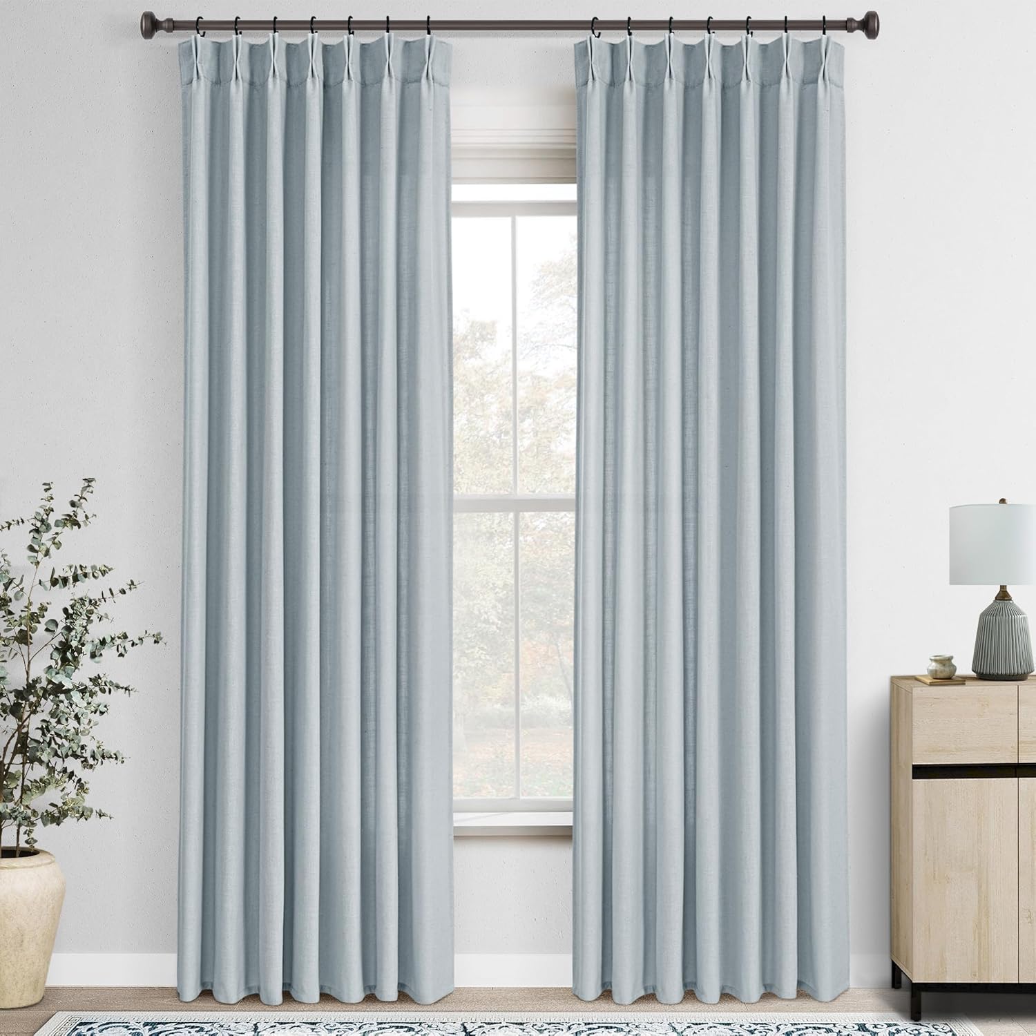 Light Blue Pinch Pleated Linen Curtains by Olepangi