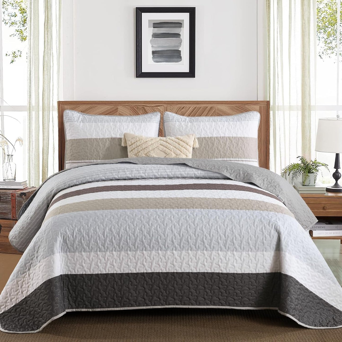 Grey Boho Quilt Set Queen Size for All Seasons Comfort