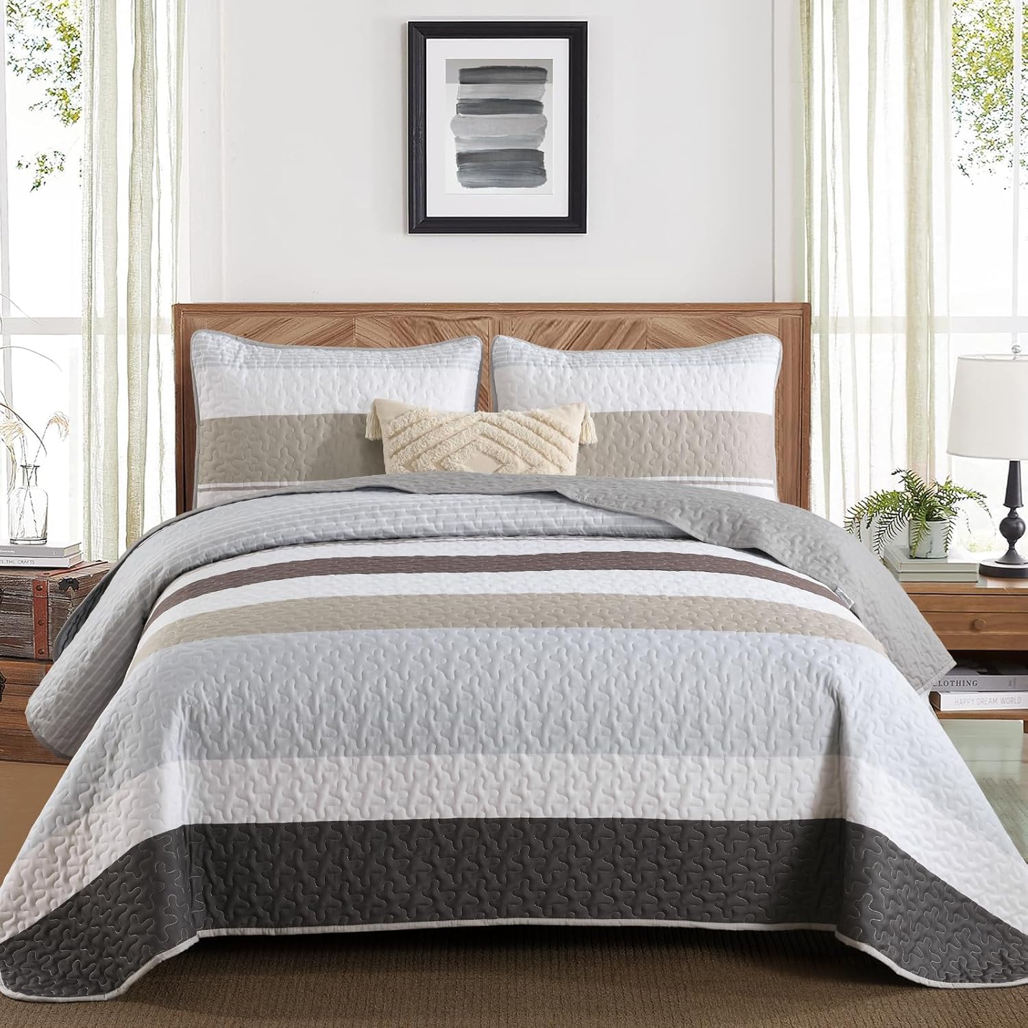 Grey Boho Quilt Set Queen Size for All Seasons Comfort