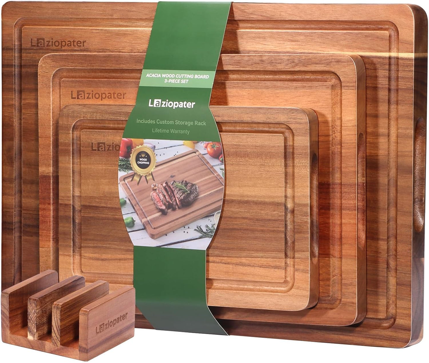 Acacia Wood Cutting Board Set with Holder and Juice Grooves
