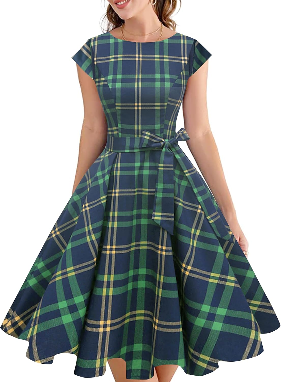 Vintage 1950 Boatneck Cap Sleeve Swing Cocktail Dress with Pockets