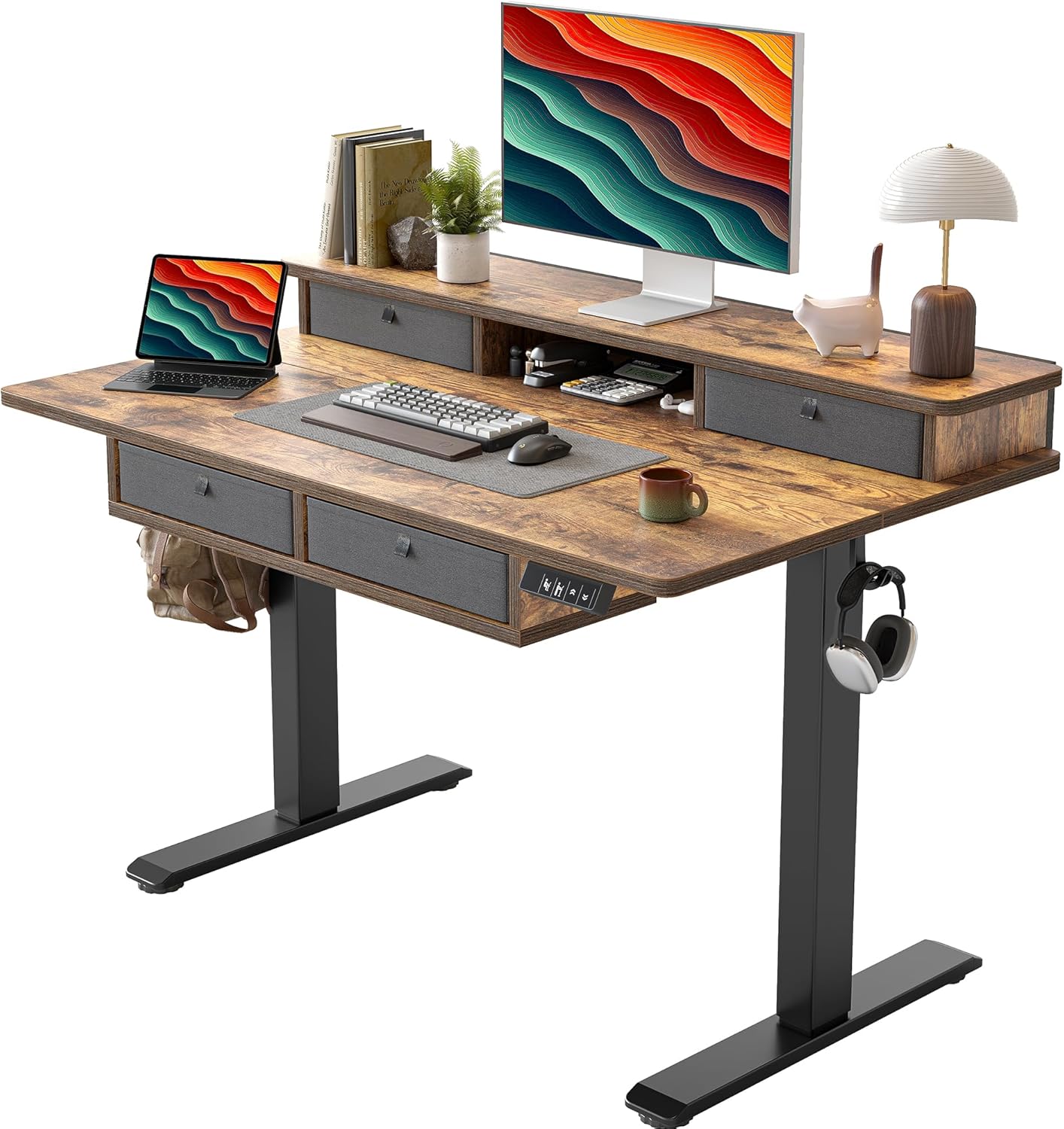 Height Adjustable Standing Desk with Storage - Rustic Brown
