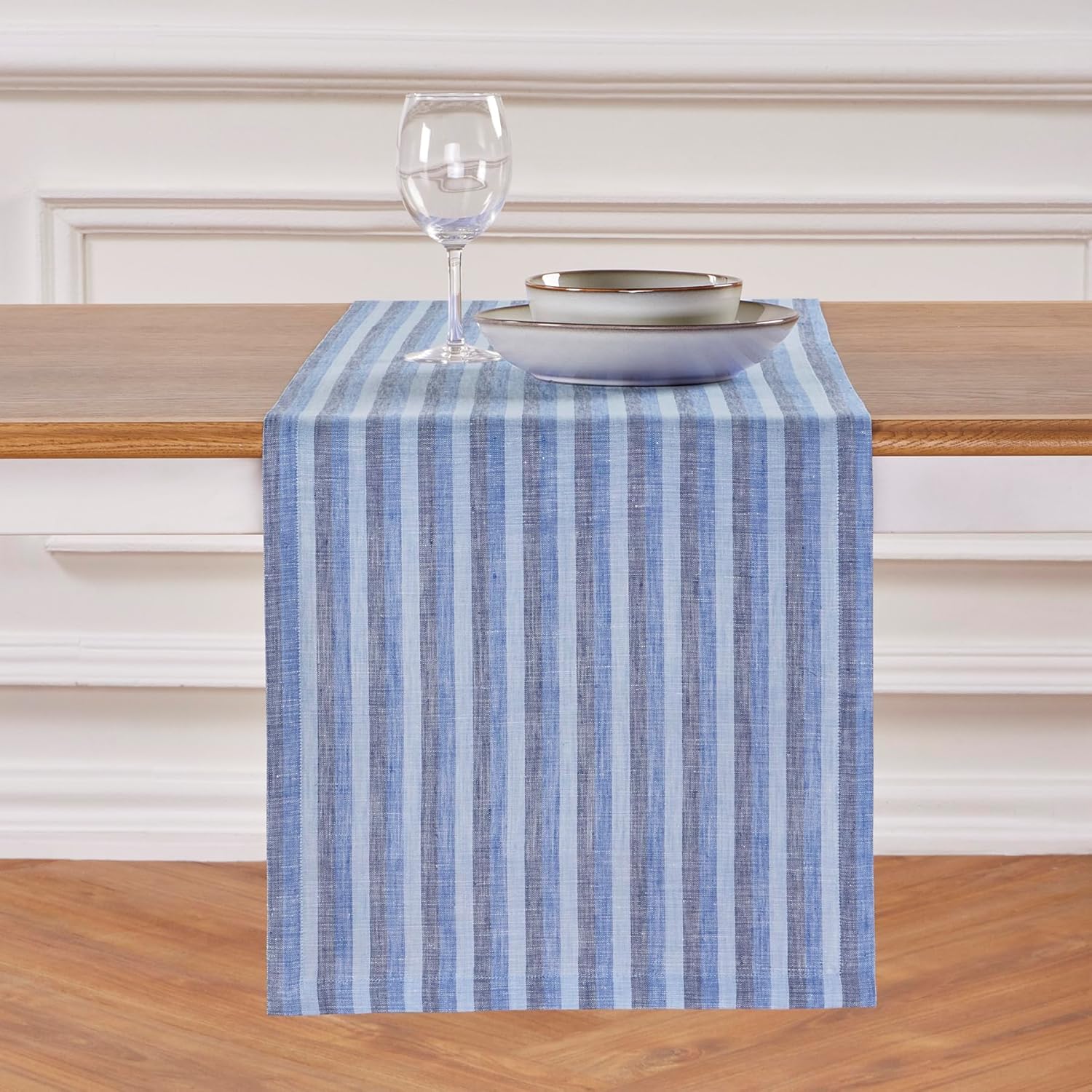 Linen Table Runner 120 Inches Long - Amalfi Stripe in Bistro Blue
