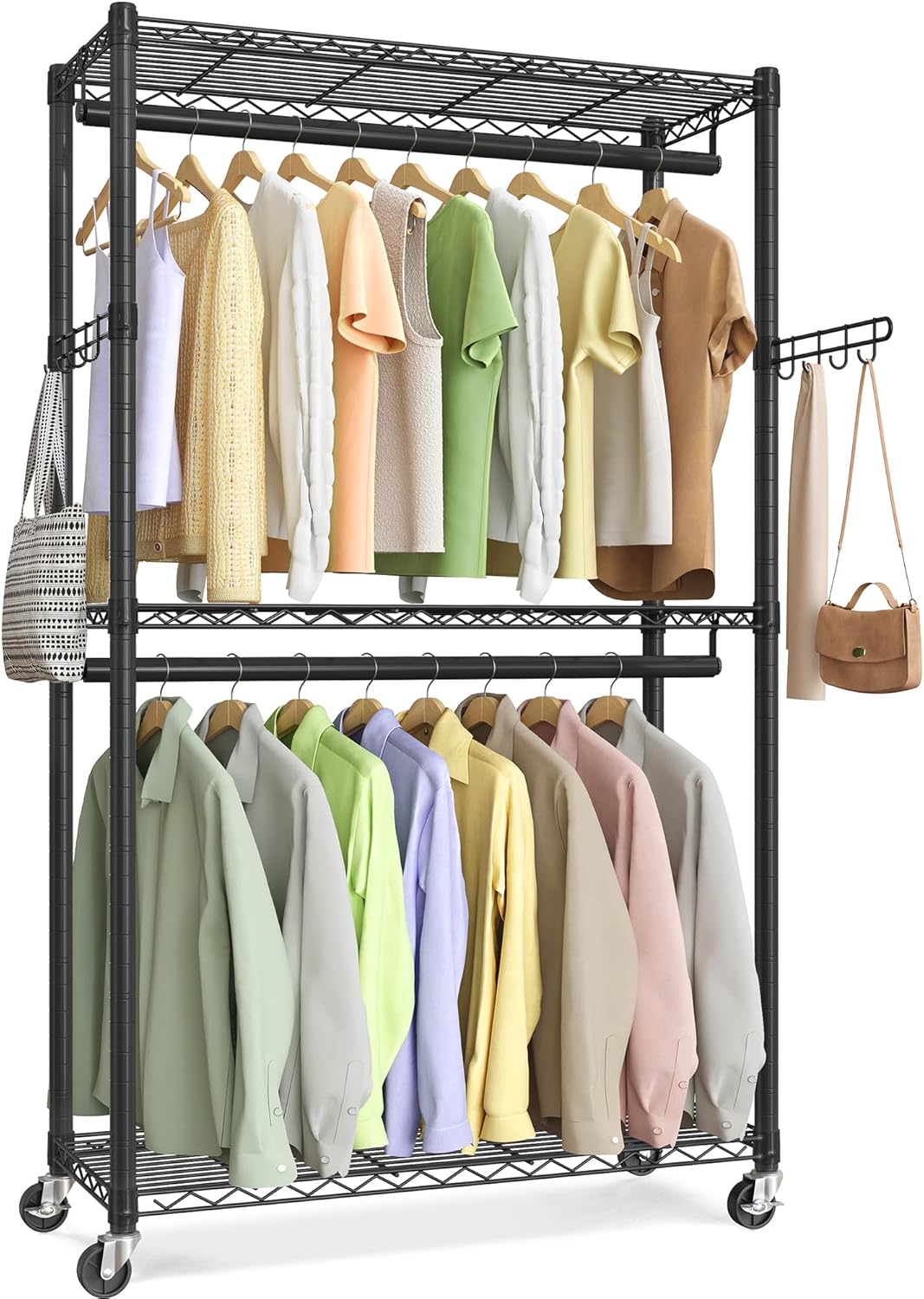 Heavy-Duty Rolling Clothes Rack with Adjustable Mesh Shelves