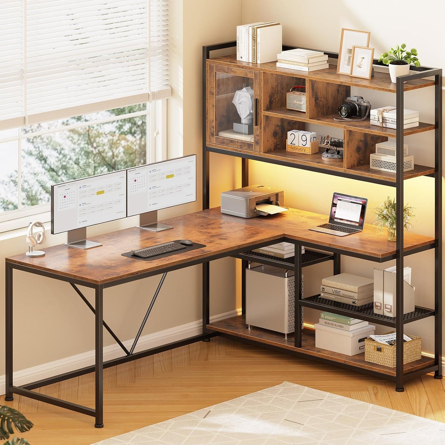 SEDETA L Shaped Computer Desk with LED Light and Bookshelf