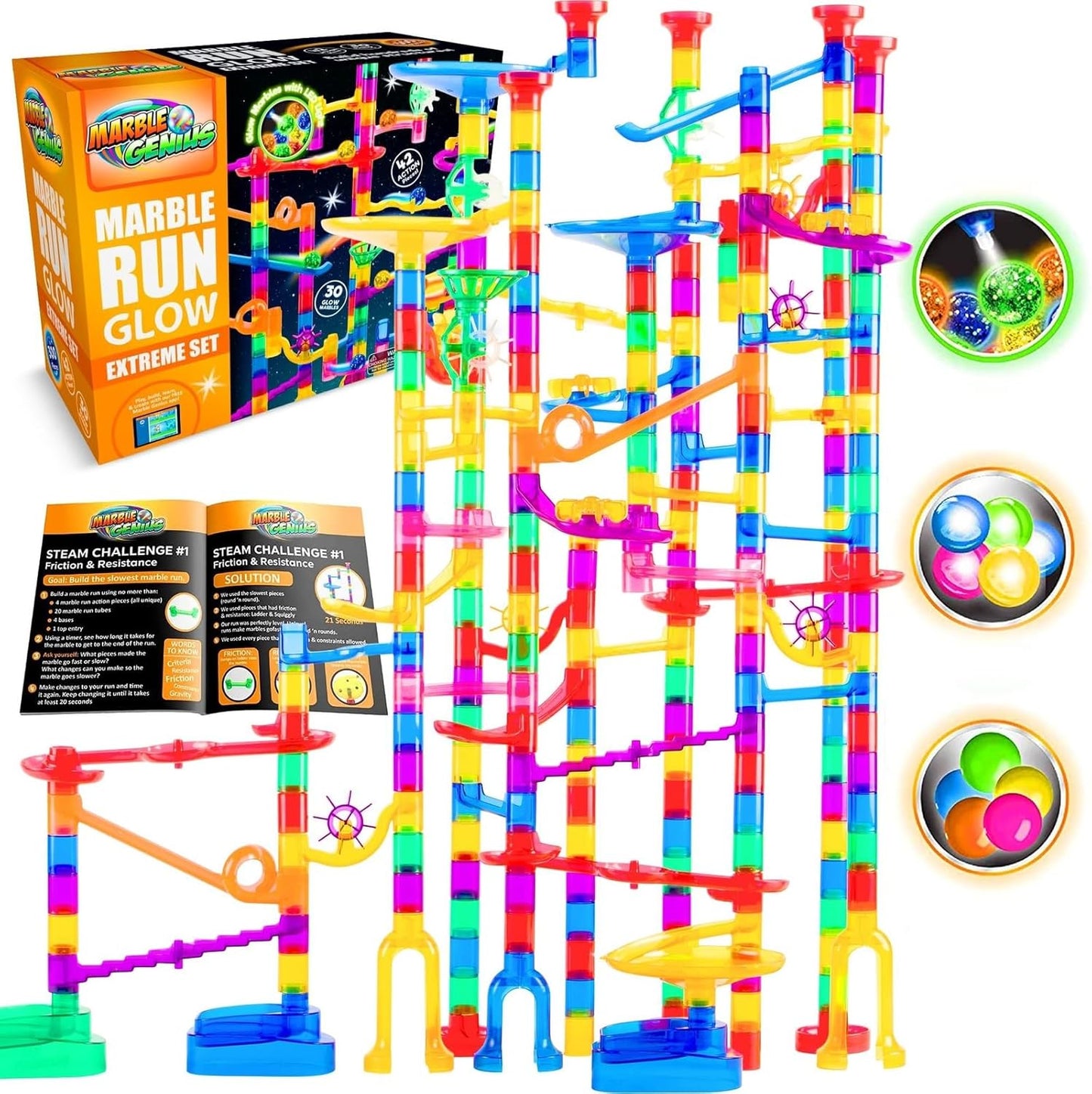 Marble Genius 300 pcs Glow Marble Run Track Race Set for Kids