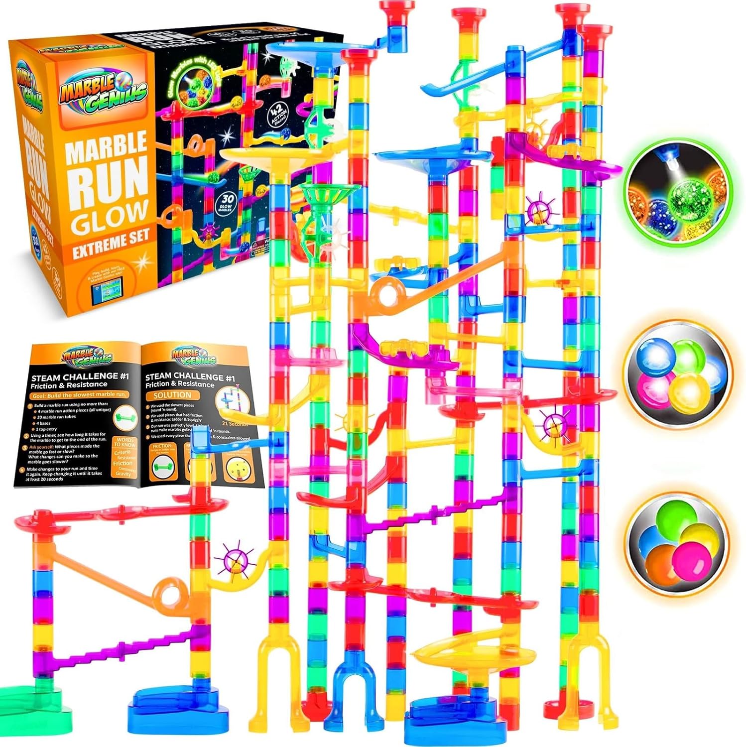 Marble Genius 300 pcs Glow Marble Run Track Race Set for Kids