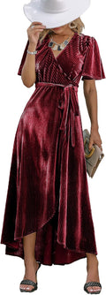 BerryGo Women's Velvet V Neck Wrap Semi Formal Maxi Dress - Cocktail