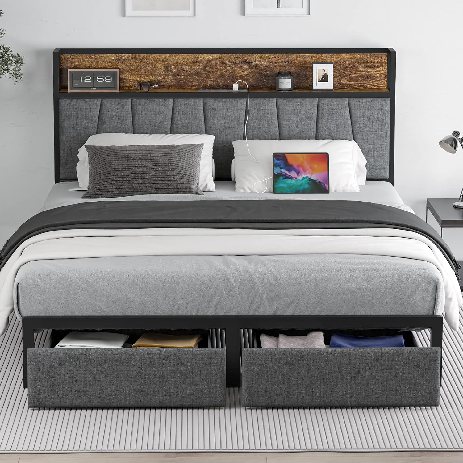 King Size Bed Frame with Storage and LED Light Features