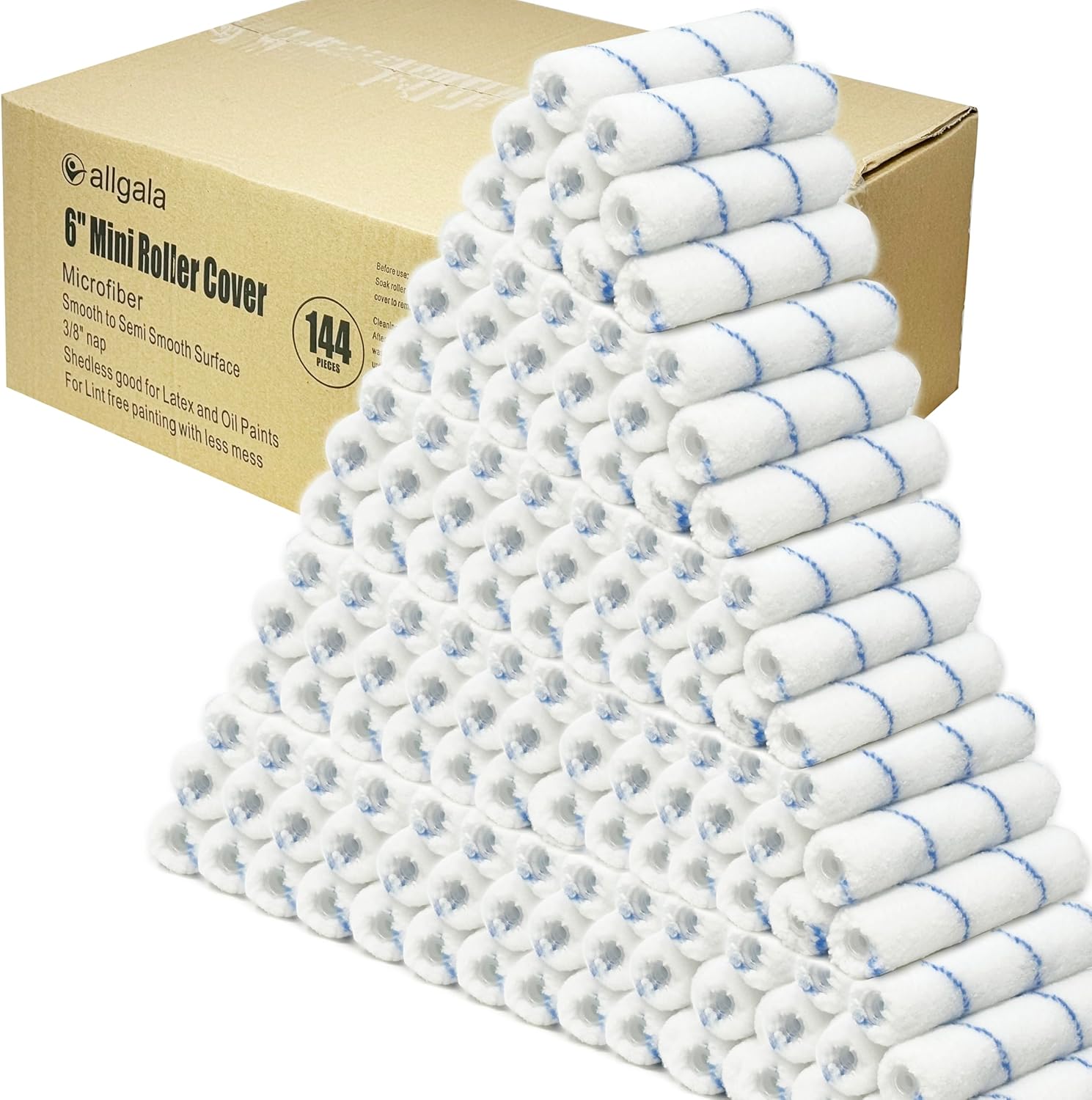 Allgala 6 Inch Mini Shedless Microfiber Paint Roller Covers 144 Pack