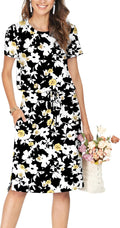 Womens Knee-Length Hide Belly Travel Dress - Short Sleeve Midi