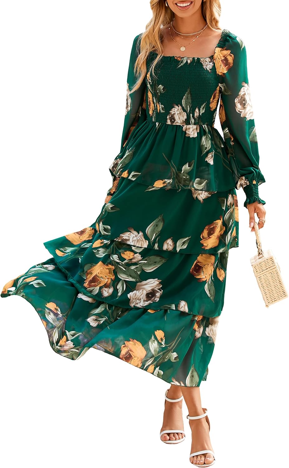 Floral Wedding Guest Dress for Women - Long Sleeve Boho Maxi