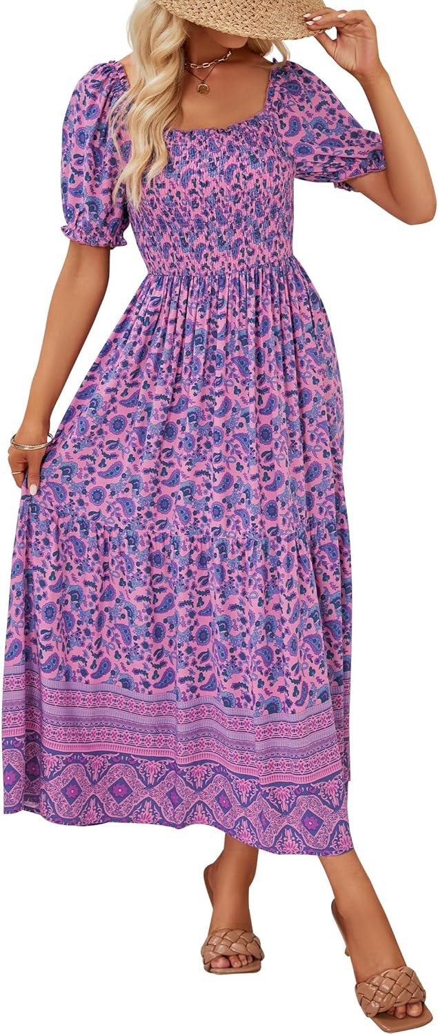 ZESICA Women's Boho Floral Print Maxi Dress for Summer Fun