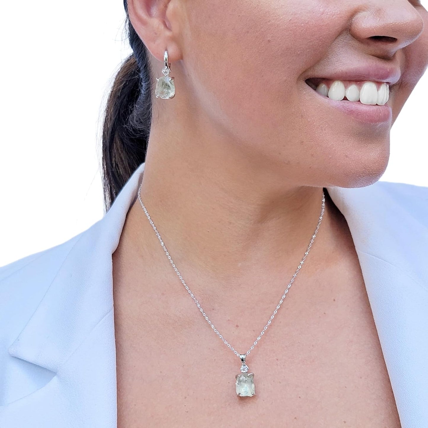 Real Raw Green Amethyst Drop Earrings and Necklace Set Gift