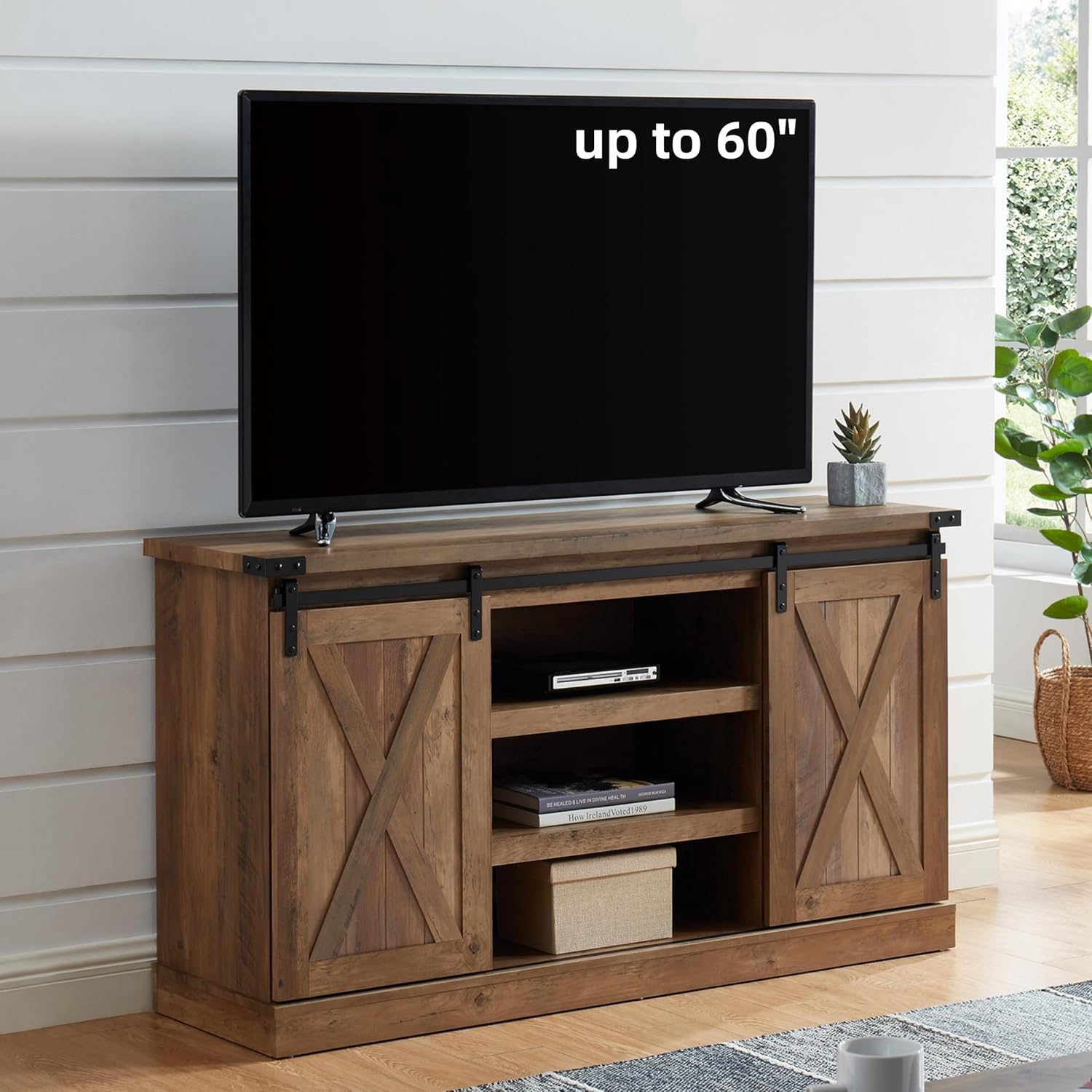 Rustic Oak TV Stand with Barn Door for 60 TV
