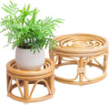 Boho Rattan Woven Round Decorative Risers Plant Stands Set of 2 - Mid