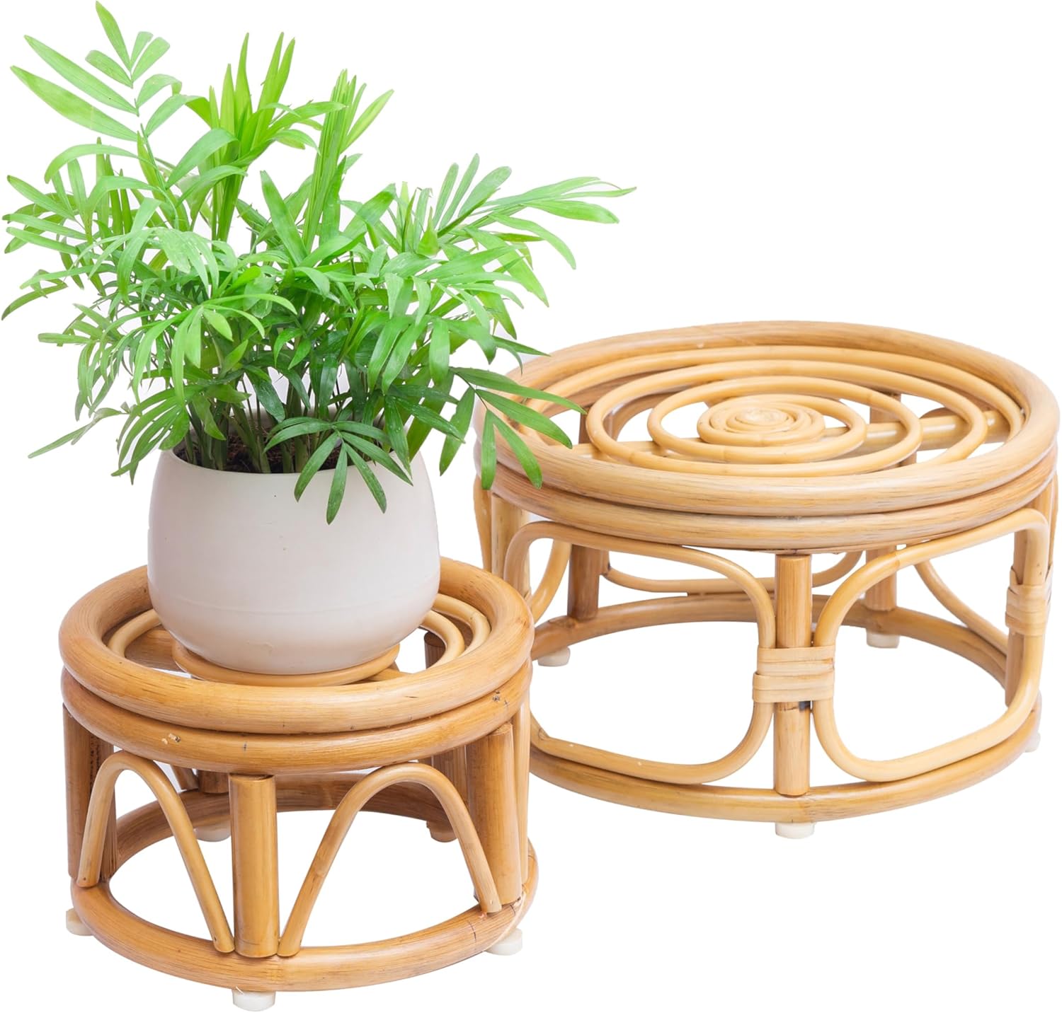 Set of 2 Boho Rattan Woven Round Decorative Plant Stands