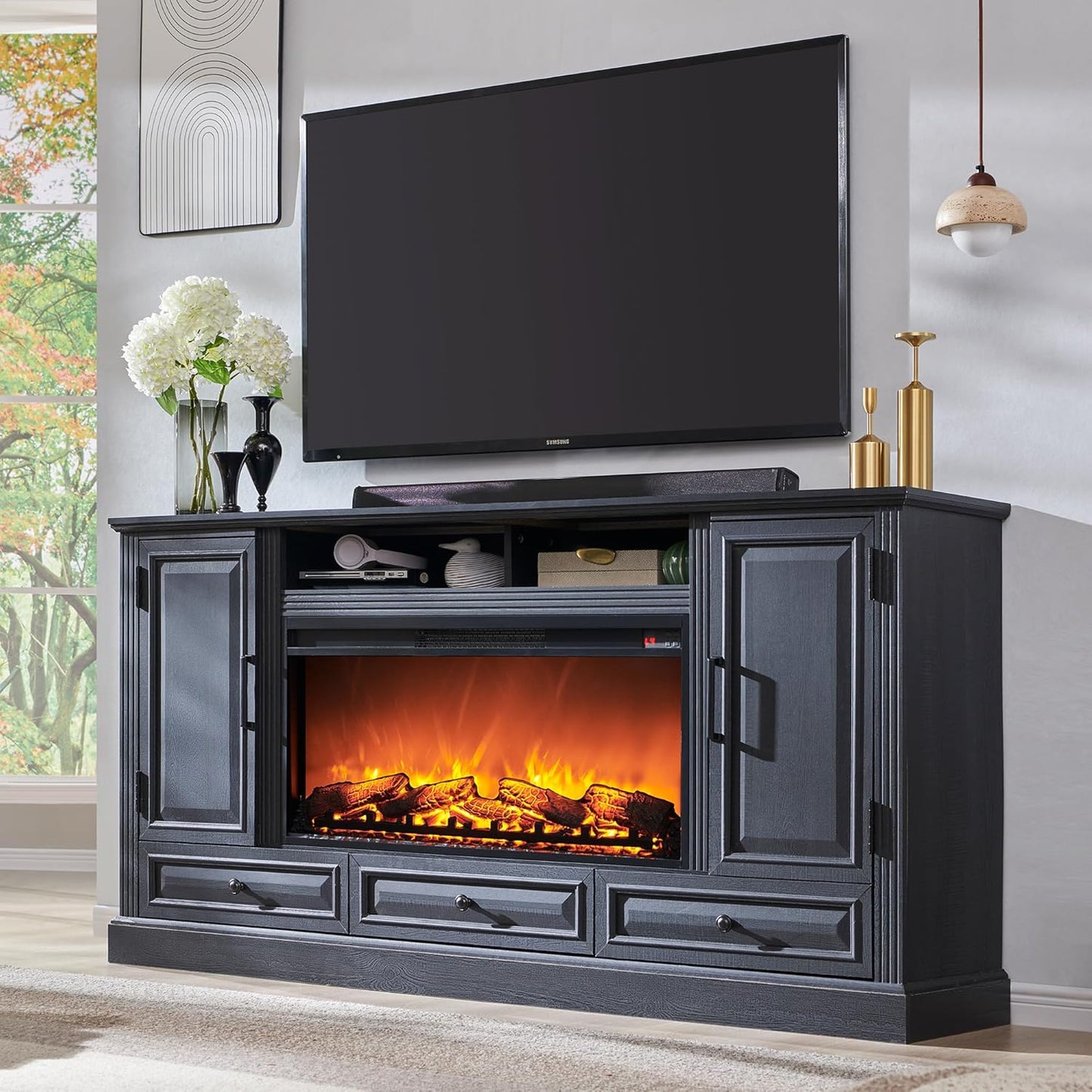 Spacious 80 Fireplace TV Stand with Electric Fire - Black