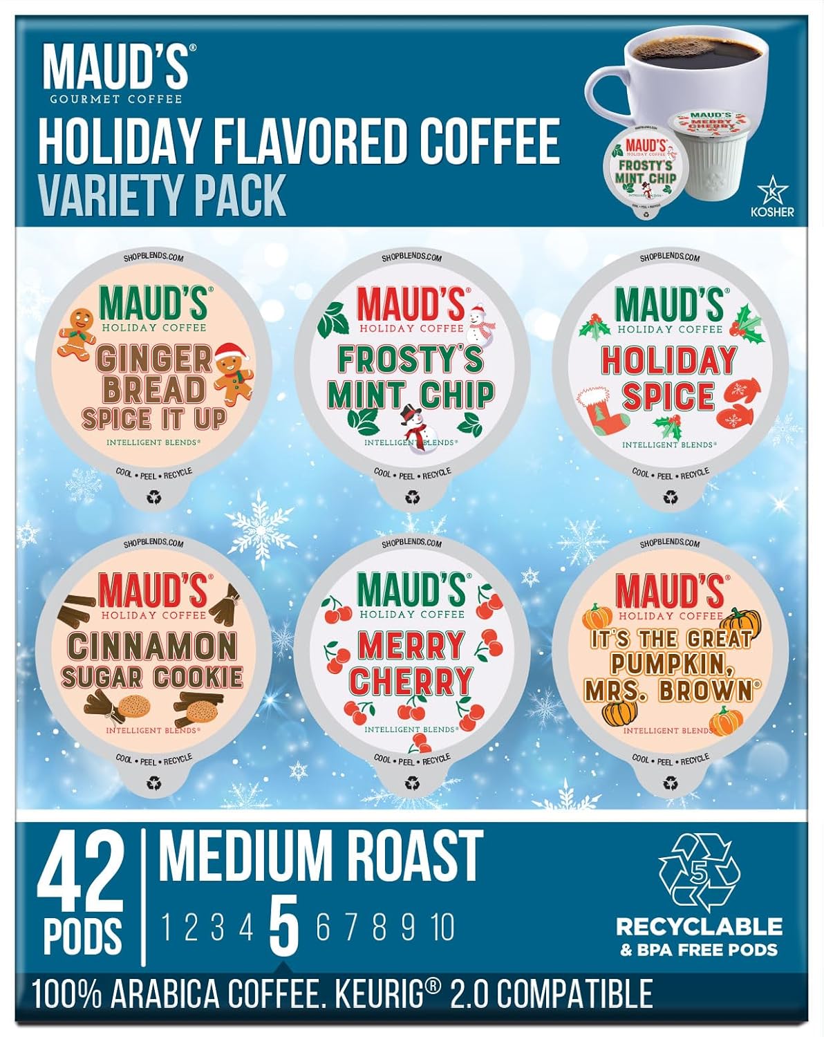 42 ct Maud's Holiday Coffee Pods - 6 Flavors, Eco-Friendly Compatible Pods