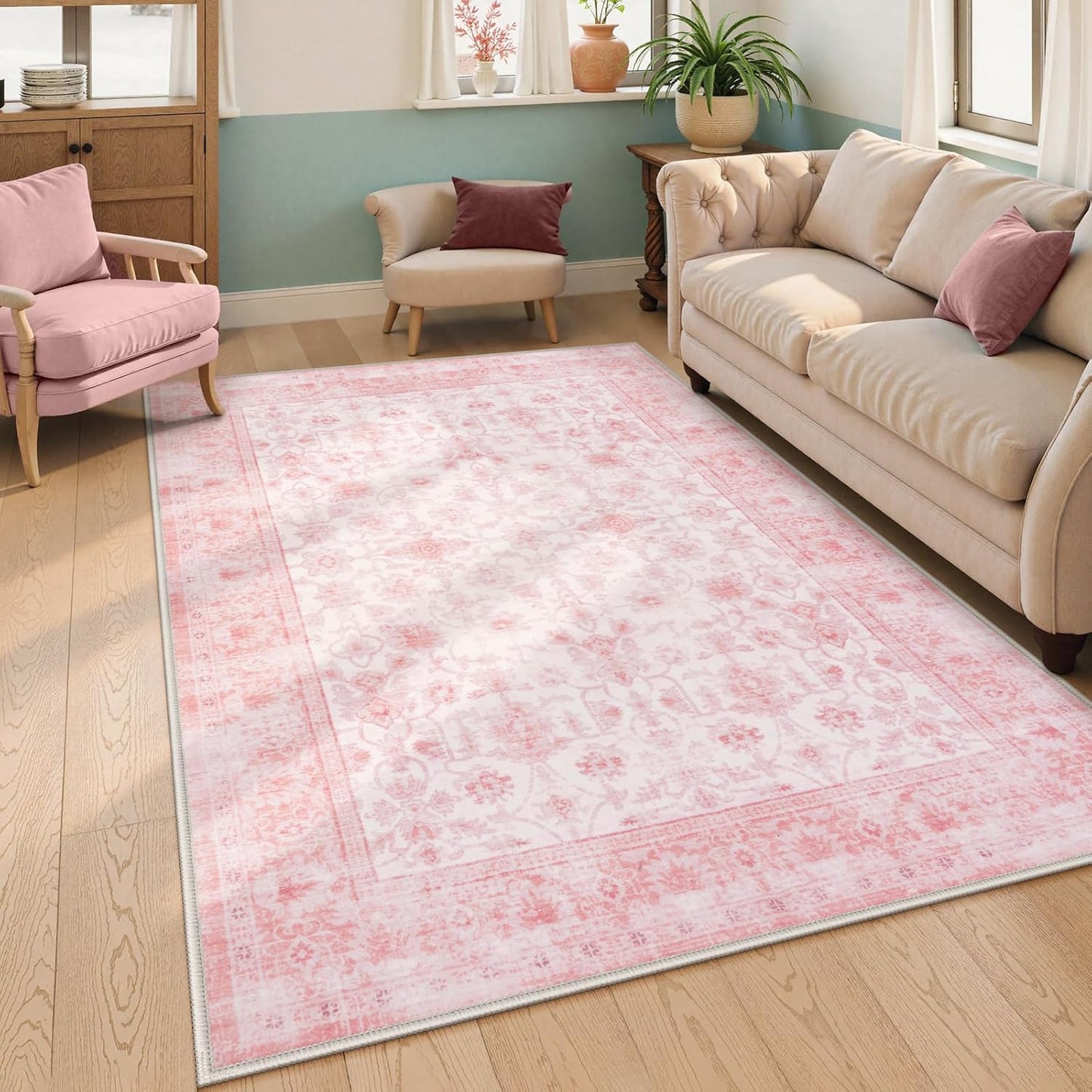 LIVEBOX Pink Area Rug 5x7 for Vintage Living Room Decor