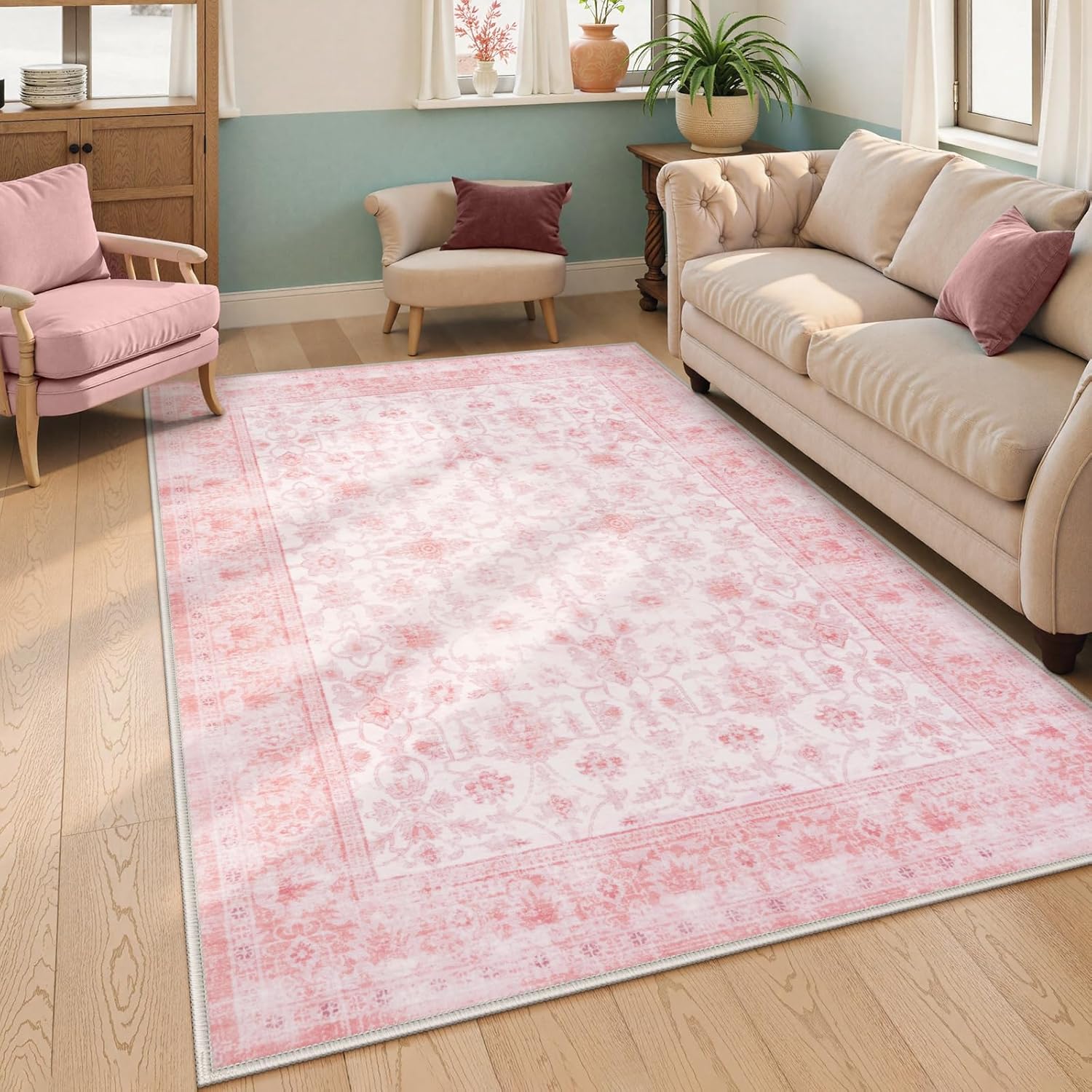 LIVEBOX Pink Area Rug 5x7 for Vintage Living Room Decor