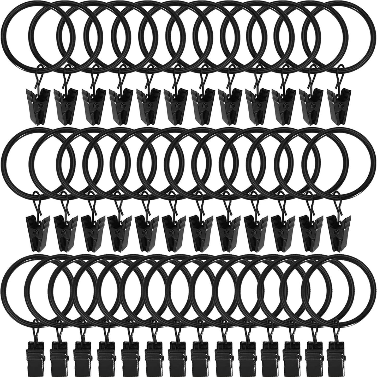 44 Pack Black Curtain Rings with Clips - Easy Drapery Hanging