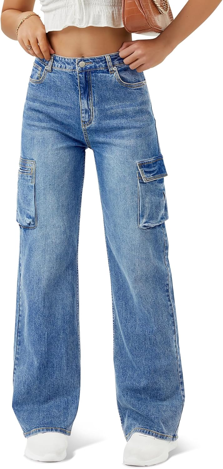 Women High Waisted Cargo Jean with 6 Pockets for Style