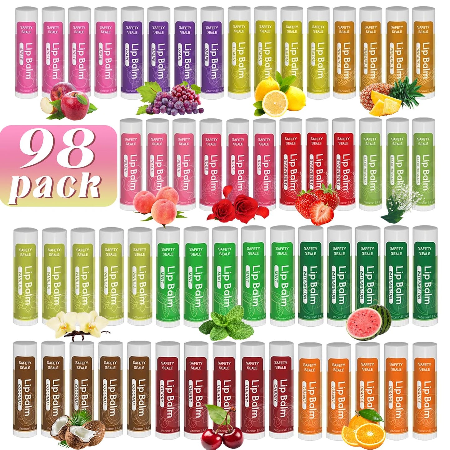 98 Pack Natural Lip Balm Bulk with Vitamin E and Coconut Oil