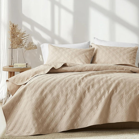 Inron Quilt Set Queen Size - Lightweight Beige Microfiber Coverlet