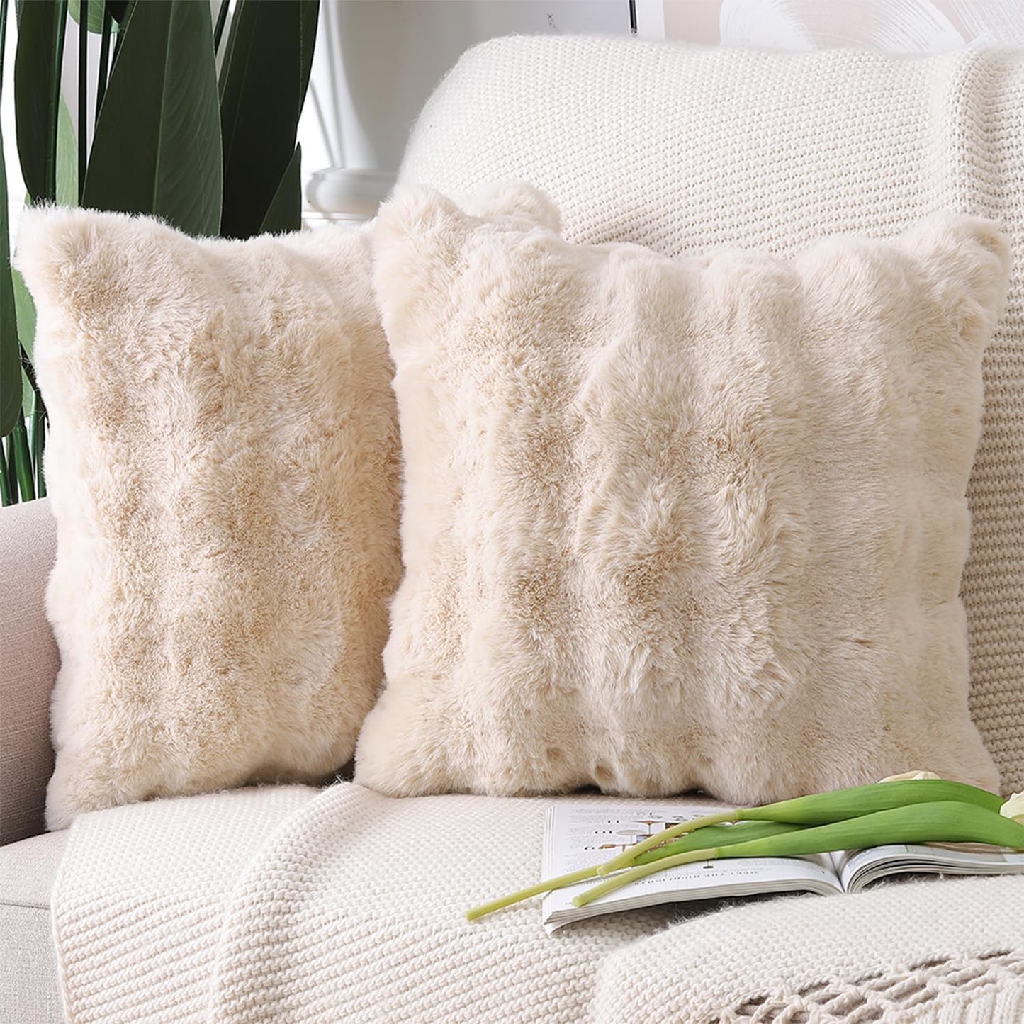 Thick Plush Wool Throw Pillow Covers 26x26 Inch Beige Set