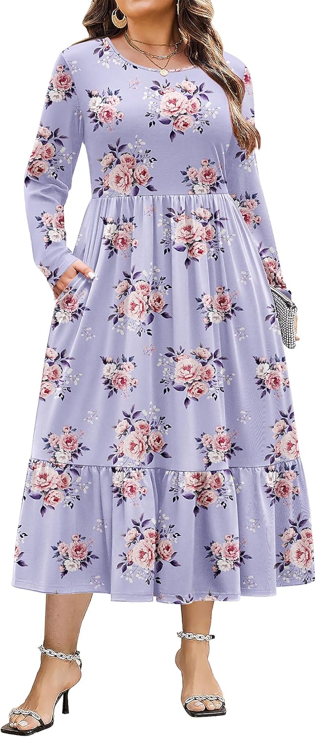 Plus Size Long Sleeve Casual Flowy Maxi Dress with Pockets