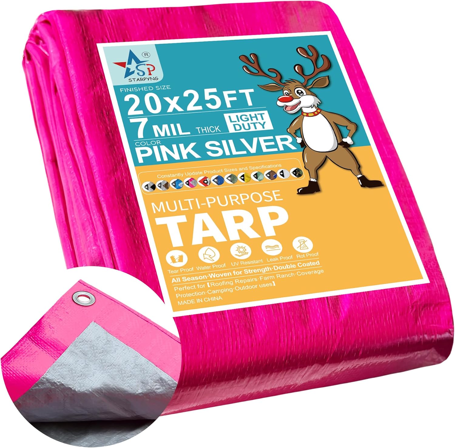 STARPYNG 20x25 Feet Pink/Silver Waterproof Tarp for All Uses